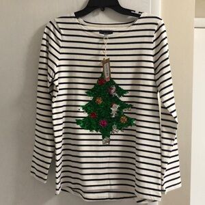 Navy/white striped Joules sequined Christmas tree shirt